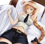  armpits belt black_bow black_legwear black_neckwear blonde_hair blue_eyes bow braid breasts eyebrows_visible_through_hair fate/apocrypha fate_(series) hair_bow jeanne_d'arc_(fate) jeanne_d'arc_(fate)_(all) large_breasts long_hair looking_away lying navel necktie on_back one_eye_closed pillow solo thighhighs yami_kyon_oov 