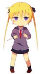 alice_(openhexagon) black_ribbon black_skirt blonde_hair blue_eyes blush chibi eyebrows_visible_through_hair full_body hair_ribbon holding holding_knife holding_weapon kill_me_baby knife long_hair looking_at_viewer necktie red_neckwear ribbon skirt solo sonya_(kill_me_baby) sweatdrop twintails weapon 