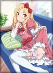  ass blonde_hair blush bow closed_mouth commentary_request couch curtains dress eromanga_sensei eyebrows_visible_through_hair frilled_panties frills gochou_(atemonai_heya) hair_bow hairband hand_on_own_chin hand_up highres indoors lifted_by_self long_hair looking_at_viewer lying no_shoes on_couch on_side panties panty_pull pink_dress plant pointy_ears potted_plant purple_panties red_bow ringlets smile solo striped_pillow thighhighs underwear white_legwear window yamada_elf 