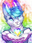  &lt;3 2019 5_fingers abstract_background anthro biped blue_eyes blue_hair bust_portrait conditional_dnp digital_media_(artwork) fur grey_ears grey_fur hair horn lagomorph long_ears looking_at_viewer magic magic_user mammal neck_tuft pink_nose portrait rabbit rainbow ratte short_hair smile solo tuft 