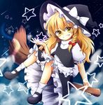  bad_id bad_pixiv_id blonde_hair bloomers blush braid broom broom_riding grin hand_up hat highres kirisame_marisa long_hair looking_at_viewer mary_janes night night_sky riza_dxun shoes side_braid single_braid sitting sky smile socks solo star star_(sky) starry_sky touhou underwear vest witch_hat yellow_eyes 