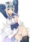  :o ainu_clothes areola_slip areolae armpits blue_eyes blush breasts cameltoe comiket_92 commentary_request folded_ponytail fundoshi hair_between_eyes headband japanese_clothes kamoi_(kantai_collection) kantai_collection large_breasts long_hair looking_at_viewer open_mouth same_no_fukahire solo textless thick_eyebrows white_background white_hair wide_hips 