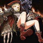  black_background blonde_hair boots cloak fire full_body grin highres holding hood hooded_cloak little_red_riding_hood_(sinoalice) long_sleeves looking_at_viewer mace simple_background sinoalice smile solo teeth ume_(yume_uta_da) weapon 