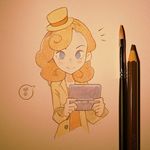  blue_eyes blush_stickers brown_hair brush coat handheld_game_console hat ilya_kuvshinov katrielle_layton layton's_mystery_journey mini_hat mini_top_hat nintendo_ds pencil photo professor_layton smile solo top_hat traditional_media 