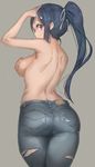  arm_up ass back blue_hair breasts covering covering_breasts cowboy_shot denim from_behind grey_background hair_ribbon highres jeans long_hair love_live! love_live!_sunshine!! matsuura_kanan medium_breasts pants ponytail purple_eyes ribbon shoulder_blades sideboob simple_background solo topless torn_clothes torn_jeans torn_pants yohan1754 