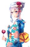  alternate_costume bad_id bad_pixiv_id banned_artist blue_eyes breasts candy_apple commentary_request floral_print flower food hair_flower hair_ornament holding holding_food itsuwa_(continue) japanese_clothes kantai_collection kashima_(kantai_collection) kimono large_breasts looking_at_viewer looking_to_the_side obi sash silver_hair simple_background solo twintails wavy_hair white_background yukata 