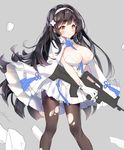  black_hair black_legwear blush breasts cleavage closed_mouth eyebrows_visible_through_hair girls_frontline gun hairband holding holding_gun holding_weapon large_breasts long_hair looking_at_viewer pantyhose pingo qbz-95_(girls_frontline) skirt smile solo torn_clothes torn_legwear weapon white_skirt work_in_progress yellow_eyes 