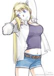 belt blackfoxes blonde_hair blue_eyes blue_shirt cowboy_shot earrings eyebrows_visible_through_hair fullmetal_alchemist hand_on_own_face jewelry long_hair looking_away navel ponytail shirt shorts simple_background smile solo watermark white_background white_shirt winry_rockbell 