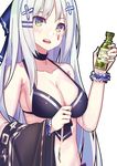  bangs bottle breasts cleavage collarbone commentary_request echj girls_frontline grey_hair hair_ornament hairclip hand_up highres hk416_(girls_frontline) holding holding_bottle large_breasts long_hair looking_at_viewer lotion navel open_mouth smile solo sunscreen teeth upper_body white_hair 