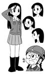  braid chi-hatan_military_uniform fujiko_f_fujio_(style) fukuda_(girls_und_panzer) girls_und_panzer glasses greyscale helmet military military_uniform monochrome multiple_girls nakamura_yukihiro_(galaxy_don) nishi_kinuyo open_mouth parody salute style_parody translated twin_braids uniform 