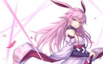  absurdres animal_ears arm_guards bangs benghuai_xueyuan breasts bunny_ears cherry_blossoms commentary_request detached_sleeves from_side highres japanese_clothes katana kuta_(shi_cai) long_hair looking_at_viewer medium_breasts parted_lips petals purple_eyes purple_hair ribbon-trimmed_sleeves ribbon_trim sash scarf solo sword upper_body weapon yae_sakura_(benghuai_xueyuan) 