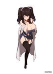  arm_at_side artist_name bangs bare_shoulders black_legwear bow bowtie breasts brown_hair cleavage dress eyebrows_visible_through_hair full_body garter_straps hair_between_eyes hair_bow hand_to_own_mouth hand_up labcoat large_breasts long_hair looking_at_viewer mistrie navel navel_cutout off_shoulder open_clothes original parted_lips purple_bow purple_eyes red_bow red_neckwear simple_background solo standing strapless strapless_dress thighhighs twintails white_background 