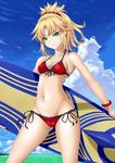  bikini blonde_hair bracelet breasts cloud cowboy_shot day fate/grand_order fate_(series) front-tie_top green_eyes highres jewelry long_hair looking_at_viewer marubonman mordred_(fate)_(all) mordred_(swimsuit_rider)_(fate) outdoors ponytail prydwen red_bikini side-tie_bikini small_breasts smile solo standing surfboard swimsuit 
