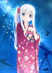  angus_(hei) artist_name bangs blue_eyes blush closed_mouth commentary_request eromanga_sensei eyebrows_visible_through_hair floral_print izumi_sagiri japanese_clothes kimono long_hair looking_at_viewer night night_sky obi petals ponytail purple_kimono sash sidelocks signature sky solo standing star_(sky) starry_sky tareme telescope white_hair 