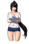  bangs bare_legs bare_shoulders black_eyes black_hair blue_shorts boyshorts breasts cleavage collarbone covered_navel cowboy_shot cropped_legs crossed_arms dungeon_and_fighter fighter_(dungeon_and_fighter) fingernails gym_shorts heart heart_print large_breasts legs_apart light_smile long_hair long_sleeves looking_at_viewer mistrie no_bra off_shoulder parted_lips pink_lips ponytail print_shirt shirt short_shorts shorts shoulder_cutout sidelocks simple_background solo standing teeth very_long_hair white_background white_shirt 