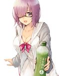  bad_revision black-framed_eyewear bottle breasts cleavage commentary_request cowboy_shot downscaled_revision fate/grand_order fate_(series) glasses green_tea holding holding_bottle hood hoodie koretsuki_azuma large_breasts leaning_forward mash_kyrielight md5_mismatch open_clothes open_hoodie open_mouth purple_eyes purple_hair smile solo tea 