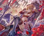  armor armored_boots armpits artoria_pendragon_(all) bandages bandeau black_legwear blonde_hair blood blood_on_face boots braid breasts cape castle clarent crown crown_braid detached_collar detached_sleeves dutch_angle excalibur fate/apocrypha fate_(series) flower gauntlets green_eyes looking_at_viewer medium_breasts mordred_(fate) mordred_(fate)_(all) navel outdoors petals planted_sword planted_weapon ponytail red_flower ruins saber sitting solo_focus standing sword thighhighs throne torino_akua torn_clothes torn_sleeves underboob weapon 