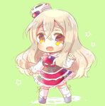  bow brown_eyes chibi full_body green_background hair_between_eyes hat kantai_collection kouu_hiyoyo long_hair looking_at_viewer mini_hat open_mouth pola_(kantai_collection) red_bow red_skirt silver_hair simple_background skirt solo standing thighhighs wavy_hair white_legwear 