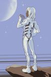  absurdres ass bodysuit boots dark_skin dark_skinned_male from_behind full_body gundam helmet highres holding holding_helmet loran_cehack male_focus moon sasha_gladysh shadow silver_hair solo sparkle toned toned_male turn_a_gundam white_footwear 