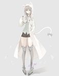 :p animal_ears animal_hood bangs black_shorts cat_ears cat_hood cat_tail coat eyebrows_visible_through_hair full_body green_eyes grey_background grey_hair grey_legwear hand_in_pocket hand_up highres hood long_hair looking_at_viewer monocle open_clothes open_coat original over-kneehighs pigeon-toed roller_skates shorts simple_background skates solo standing stethoscope tail thighhighs thighs tlla tongue tongue_out 