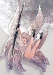  1girl :d ahoge angel_chromosome_xx angel_wings arms_up black_legwear boots double_sided_sword full_body full_moon grey_footwear hair_between_eyes holding holding_sword holding_weapon ikeuchi_tanuma legs_up looking_at_viewer medium_hair moon multiple_wings neon_genesis_evangelion open_mouth red_eyes shirt short_shorts short_sleeves shorts smile socks solo sword tabris tabris-xx twitter_username weapon white_hair white_shirt white_shorts wings 
