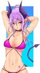  :o armpits arms_behind_head bikini breasts cleavage collarbone commentary_request demon_girl demon_horns demon_tail haiiro_gundan hair_between_eyes highres horns large_breasts lips long_hair navel original parted_lips pointy_ears ponytail purple_bikini purple_eyes purple_hair solo stomach swimsuit tail tattoo wet 