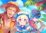  2boys alternate_costume bare_chest beard blue_eyes blue_hair book braid eyewear_on_head facial_hair fate/apocrypha fate/extra fate/extra_ccc fate/grand_order fate_(series) hans_christian_andersen_(fate) hat hawaiian_shirt lei long_hair looking_at_viewer multiple_boys nursery_rhyme_(fate/extra) open_clothes open_shirt red_hair shirt smile sunglasses twin_braids twintails upper_body william_shakespeare_(fate) writing 