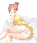  ahoge ass blush brown_eyes brown_hair commentary_request highres iray looking_back on_bed open_mouth panties pillow sakura_quest shinomiya_shiori solo underwear white_panties 