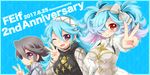  2girls aqua_hair fire_emblem fire_emblem_if grey_hair lazward_(fire_emblem_if) momosemocha multicolored_hair multiple_girls open_mouth pieri_(fire_emblem_if) purple_eyes red_eyes smile soleil_(fire_emblem_if) two-tone_hair v 