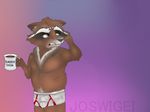  beverage clothing coffee father guardians_of_the_galaxy joswigei male male/male mammal marvel morning overweight parent raccoon rocket-raccoon rocket_raccoon slightly_chubby tired underwear 
