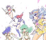  5girls 80s asagiri_youko asou_yuuko ayanokouji_rem bikini_armor blue_hair character_request copyright_request dream_hunter_rem fandora genmu_senki_leda green_hair long_hair mugen_senshi_valis mujigen_hunter_fandora multiple_girls okuri_ookami oldschool red_hair shield sword weapon 