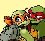  &lt;3 2017 anthro bandanna blue_eyes blush chipped_shell clothed clothing duo elbow_pads freckles green_background green_eyes hand_on_back hand_wraps hug inkyfrog looking_at_viewer male male/male mask michelangelo_(tmnt) raphael_(tmnt) reptile scalie shell simple_background smile teenage_mutant_ninja_turtles turtle wraps 
