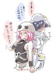  aether_foundation_employee black_hair blush cabbie_hat dark_skin flipped_hair gloves hat holding_hands hot multiple_girls pantyhose pink_eyes pink_hair pokemon pokemon_(game) pokemon_sm short_hair short_sleeves skull_hat sweat tank_top team_skull team_skull_grunt translated unya white_gloves white_hat wristband yuri 