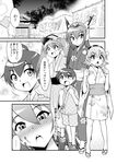  1boy 3girls absurdres ahoge alternate_costume architecture blush booth clenched_hands comic commentary_request east_asian_architecture festival geta greyscale hands_up headgear hiei_(kantai_collection) highres japanese_clothes kantai_collection kimono little_boy_admiral_(kantai_collection) long_hair long_sleeves monochrome multiple_girls nagato_(kantai_collection) night obi open_mouth ryuujou_(kantai_collection) sash short_hair short_kimono shorts shrine smile spoken_ellipsis translated twintails visor_cap wide_sleeves yamato_nadeshiko 