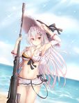  anti-materiel_rifle arm_up armpits beach breasts chicami cloud collarbone day girls_frontline gun hat highres iws-2000_(girls_frontline) large_breasts long_hair looking_at_viewer navel ocean outdoors red_eyes rifle silver_hair sky sniper_rifle solo steyr_iws_2000 straw_hat sun_hat swimsuit weapon 