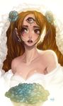  artist_name bare_shoulders blush bouquet breasts bridal_veil brown_hair charlotte_pudding cleavage crying curly_hair earrings flower hair_flower hair_ornament hector_enrique_sevilla_lujan highres jewelry lipstick long_hair makeup medium_breasts one_piece open_mouth simple_background solo teeth third_eye twintails upper_body veil white_background 