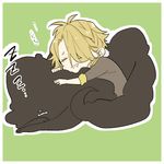  azs_kn blonde_hair chibi closed_eyes hair_over_one_eye male_focus sharp_teeth shishiou shishiou_no_mofumofu sleeping teeth touken_ranbu zzz 