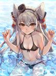  2017 amatsukaze_(kantai_collection) artist_name bikini black_bikini breasts brown_eyes cleavage dated hair_tubes highres kantai_collection lf_(paro) long_hair looking_at_viewer partially_submerged silver_hair sitting small_breasts smile solo swimsuit two_side_up water windsock 