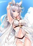 adapted_costume animal_ears armpits arms_up bangs bare_shoulders bikini blue_eyes blunt_bangs breasts commentary_request easel erune ganari_ryuu granblue_fantasy hair_ornament highres korwa long_hair looking_at_viewer medium_breasts open_mouth silver_hair smile solo swimsuit 