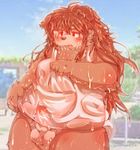  anthro balls blush bottomless brown_nose cat clothed clothing erection feline fur hair long_hair male mammal moobs obese overweight penis red_eyes red_fur red_hair solo standing tsurugi wet wet_clothing 