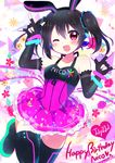  ;d \m/ animal_ears bangle bangs black_hair blush boots bracelet bunny_ears character_name dated double_\m/ dress elbow_gloves fake_animal_ears fingerless_gloves gloves happy_birthday headphones jewelry looking_at_viewer love_live! love_live!_school_idol_festival love_live!_school_idol_project mikurun one_eye_closed open_mouth purple_eyes ribbon sleeveless smile solo thigh_boots thighhighs twintails yazawa_nico 