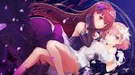  adjusting_hair black_gloves breasts dress fate/grand_order fate_(series) flower gloves hair_flower hair_ornament hair_over_one_eye heroic_spirit_formal_dress high_heels long_hair mash_kyrielight medium_breasts multiple_girls purple_eyes purple_hair ranyu red_eyes scathach_(fate)_(all) scathach_(fate/grand_order) short_hair tiara white_gloves 