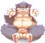  5_fingers 5_toes anthro balls blue_eyes blush canine dog foreskin fur humanoid_penis mammal moobs navel nipples obese open_mouth overweight paritally_retracted_foreskin penis purple_fur simple_background sitting toes tsurugi uncut white_fur 