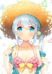  :o alternate_hairstyle artist_name ayamy bikini bikini_top blue_eyes blush bow_bikini breasts cleavage closed_mouth collarbone eromanga_sensei expressionless flower frilled_bikini_top frills front-tie_bikini front-tie_top hair_flower hair_ornament halterneck hat heart izumi_sagiri looking_at_viewer medium_breasts off_shoulder open_clothes parted_lips pink_bikini_top side_ponytail silver_hair simple_background solo straw_hat swimsuit tareme upper_body 