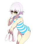  blush chaldea_lifesavers cis05 commentary_request covered_navel facial_scar fate/apocrypha fate/grand_order fate_(series) flat_chest food holding jack_the_ripper_(fate/apocrypha) one-piece_swimsuit popsicle scar scar_across_eye scar_on_cheek short_hair simple_background solo striped striped_swimsuit sunglasses swimsuit white_background white_hair yellow_eyes 