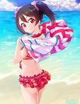 artist_name beach bikini bikini_skirt black_hair commentary_request day floral_print glint holding holding_towel lens_flare long_hair looking_at_viewer looking_back love_live! love_live!_school_idol_project marshall_(wahooo) ocean pink_scrunchie red_bikini red_eyes scrunchie smile solo sparkle swimsuit towel twintails yazawa_nico 