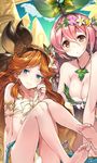  armlet bandeau bare_legs barefoot bikini blue_eyes breasts brown_eyes cleavage closed_mouth eyebrows_visible_through_hair feet flower front-tie_bikini front-tie_top granblue_fantasy hair_between_eyes hair_flower hair_ornament hairband jewelry kneeling large_breasts leaning_forward long_hair multiple_girls necklace orange_hair pink_hair plant_girl pointy_ears sara_(granblue_fantasy) sitting small_breasts smile soles super_zombie swimsuit toes yggdrasil_(granblue_fantasy) 