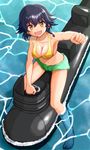  bikini bikini_shorts black_hair blush braid breasts cleavage clenched_hand from_above girls_und_panzer gon8_(rm1124) green_bikini_bottom groin highres inflatable_toy large_breasts mismatched_bikini navel pepperoni_(girls_und_panzer) raised_fist short_braid shorts side_braid single_braid sitting smile soaking_feet solo swimsuit swimwear water yellow_eyes 