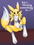  2016 3_toes ? ambiguous_gender anthro armwear blue_eyes bridal_gauntlets canine claws clothing confusion cute digimon dipstick_tail english_text featureless_crotch flat_chested fur hi_res humor mammal mancoin markings multicolored_fur multicolored_tail neck_tuft nude open_mouth renamon simple_background sitting socks_(marking) solo spread_legs spreading text toe_claws toes tuft two_tone_fur white_fur yellow_fur 