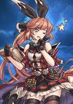  absurdres aqua_eyes bad_id bad_pixiv_id black_gloves black_legwear breasts brown_hair cape clarisse_(granblue_fantasy) gloves granblue_fantasy green_eyes hair_ribbon highres kaizeru long_hair looking_at_viewer medium_breasts one_eye_closed open_mouth orange_hair ponytail ribbon skirt smile solo thighhighs 